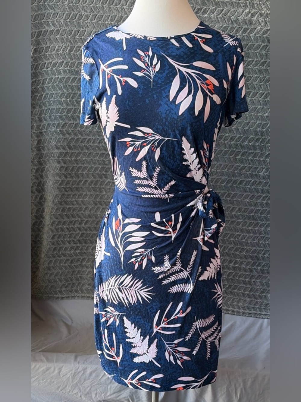 Diane Von Furstenberg Navy Blue Floral Wrap-Style Dress with Pink Accents
